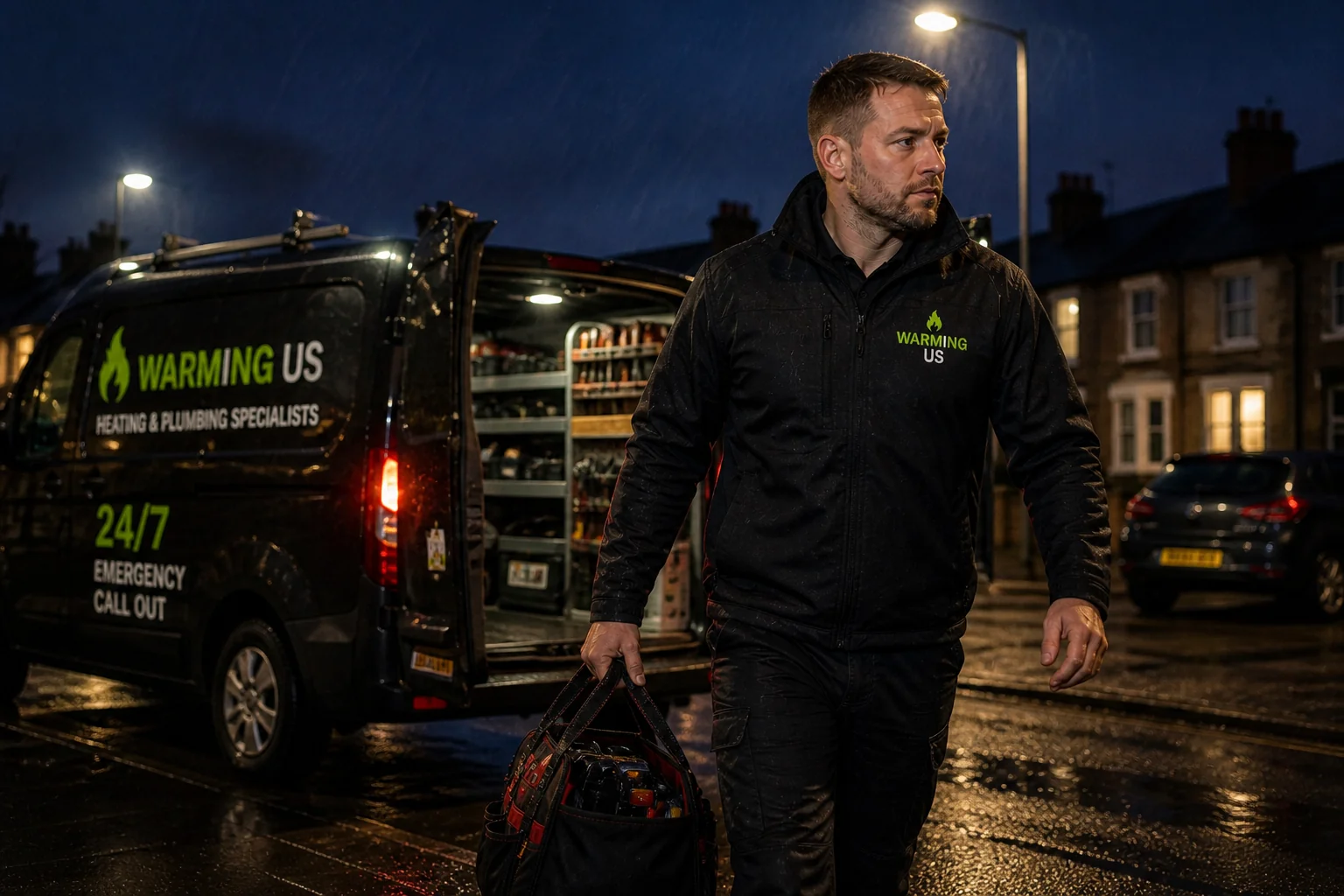 Warming Us engineer carrying a tool bag from a branded van at night in the rain on a 24/7 emergency call out