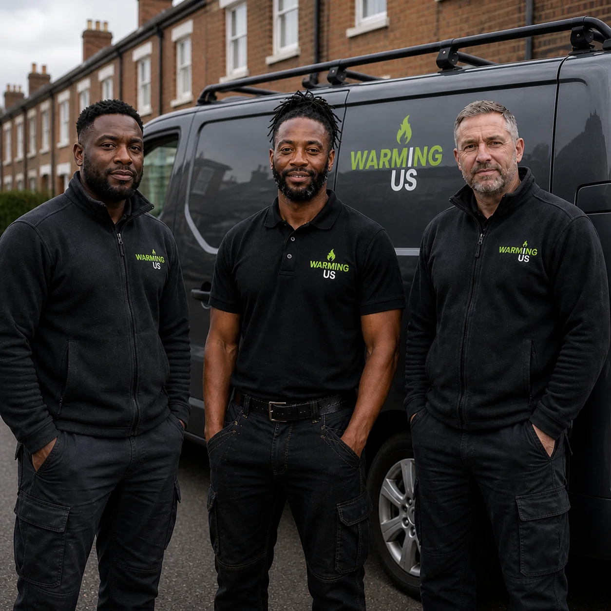 Warming Us team of three engineers in branded uniform beside the gunmetal grey van in South Wales