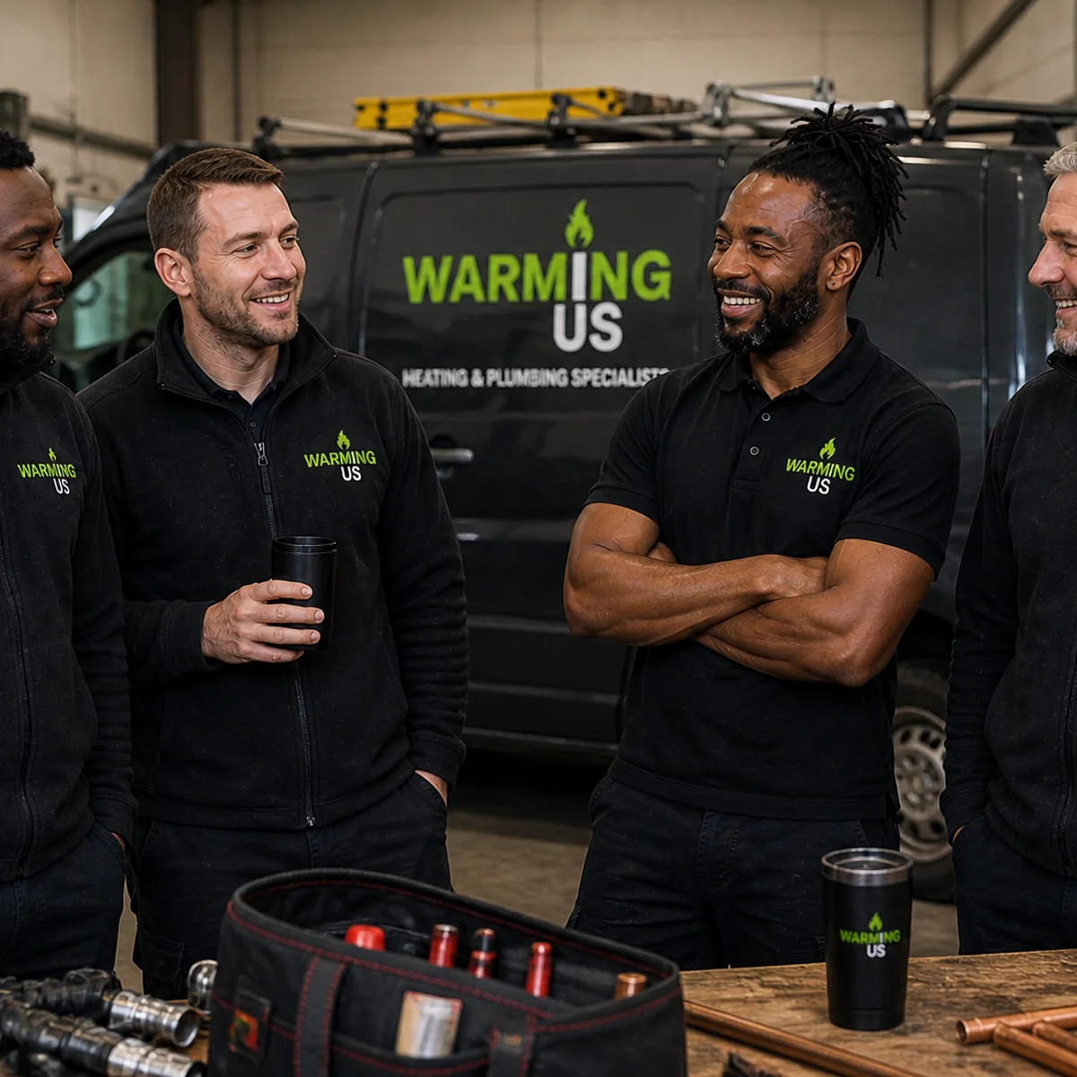 The Warming Us team of four engineers laughing in front of a branded van in their South Wales workshop