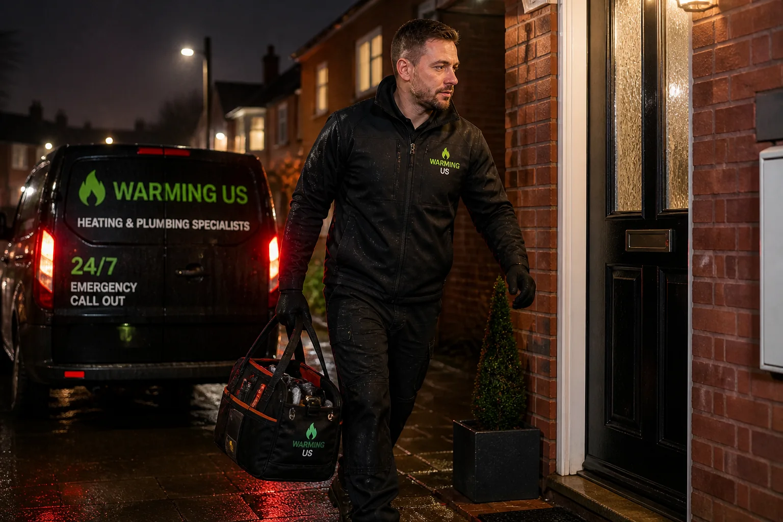 Warming Us emergency engineer arriving at a customer's door at night