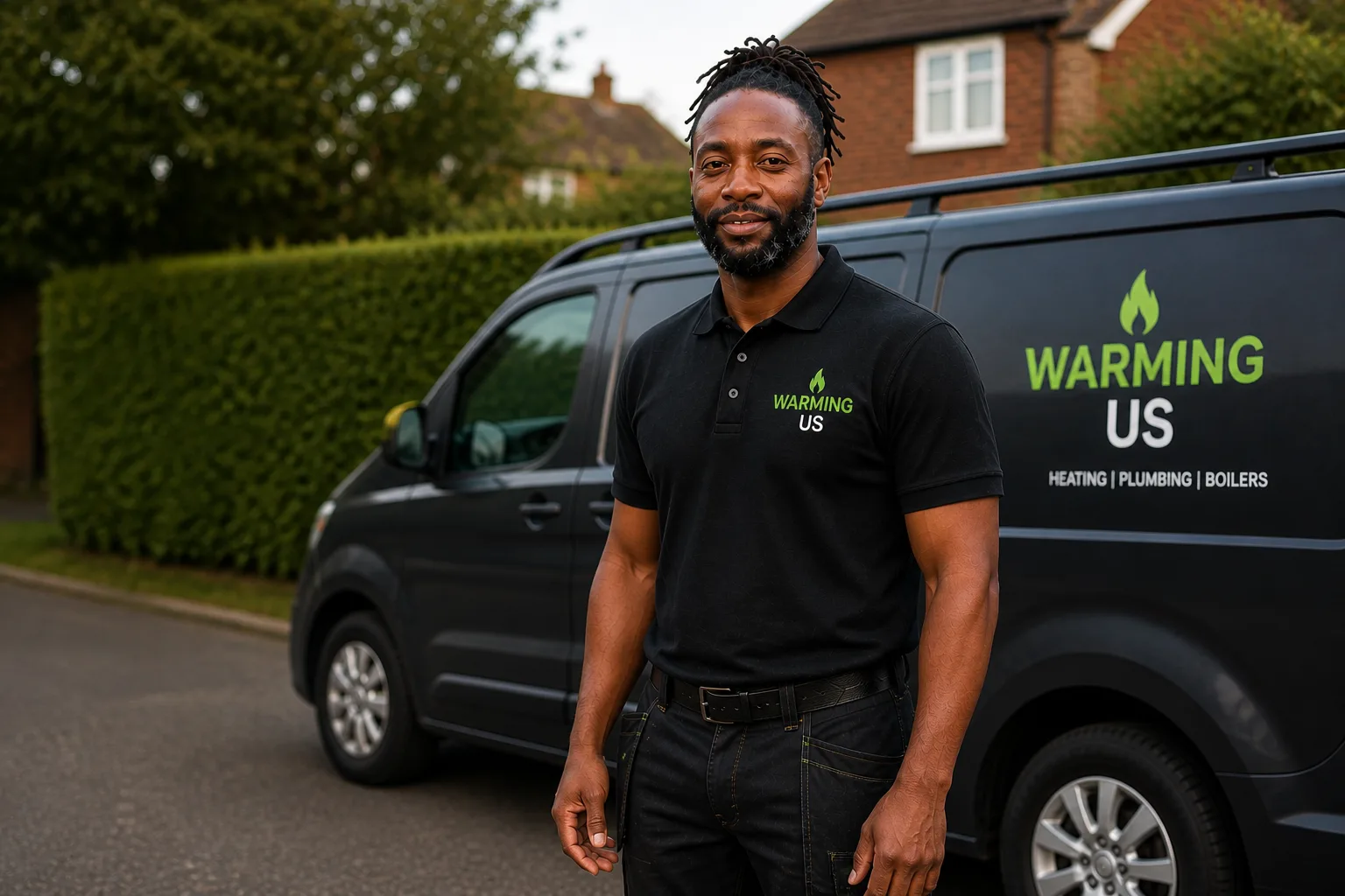 Warming Us engineer standing beside a branded van in South Wales